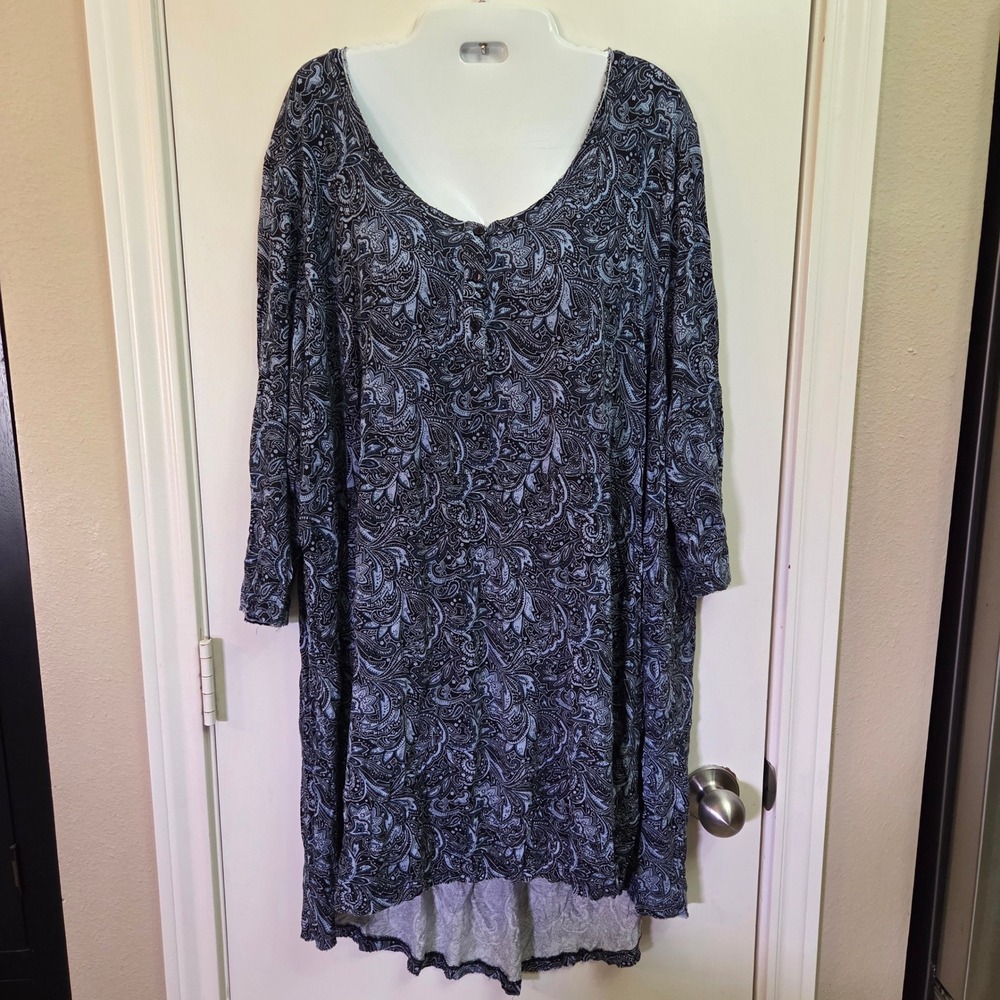 Ellos Women Plus 1X 22/24 Blue Paisley Print Button Scoop Neck High Low Dress